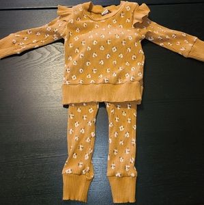 Mustard yellow floral outfit with bow on back